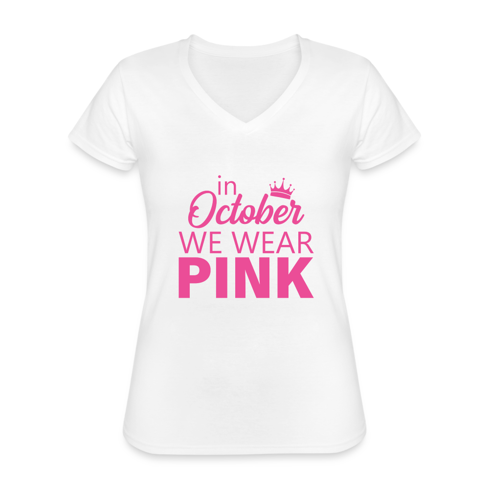 T-shirt classique col V Femme "Octobre Rose" - blanc