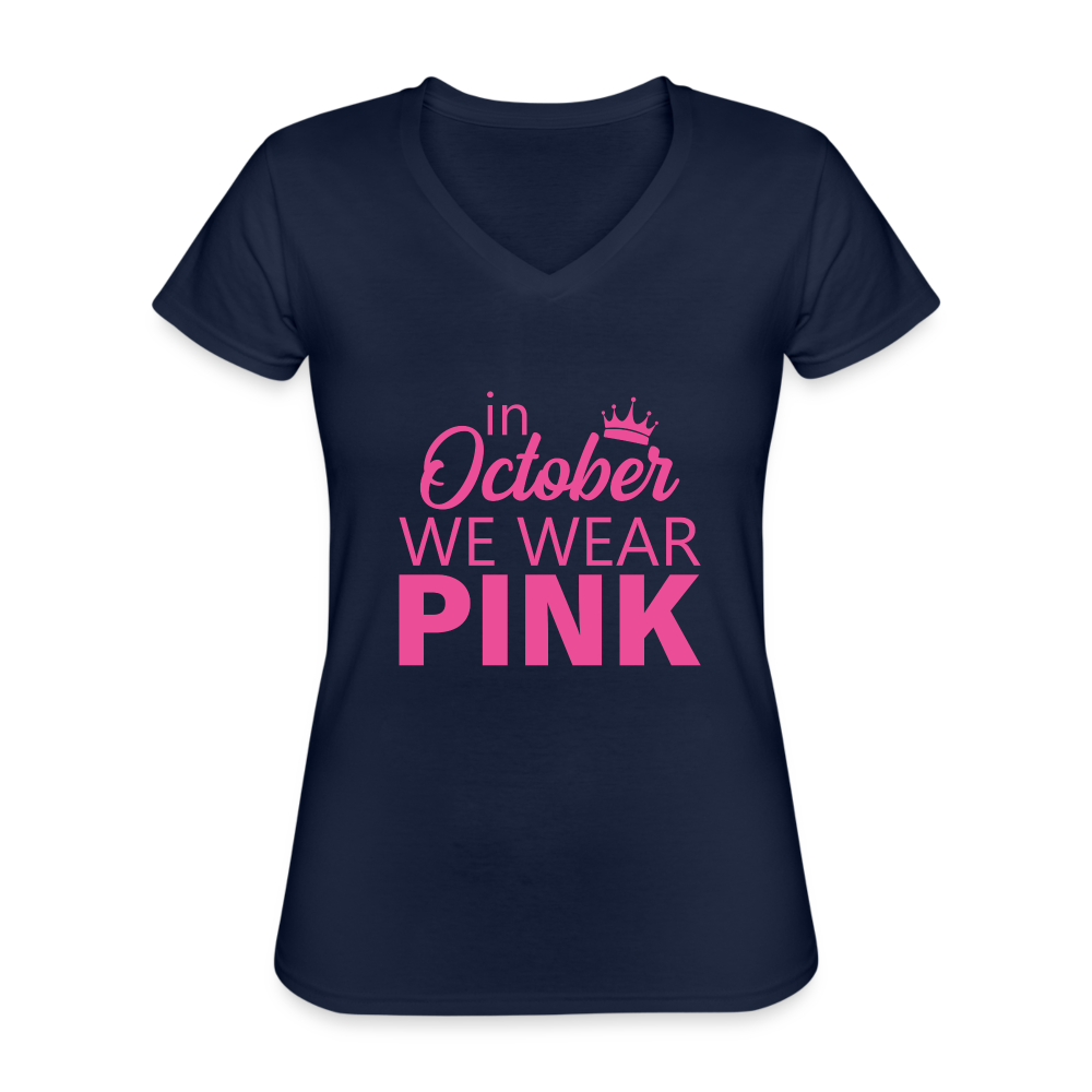 T-shirt classique col V Femme "Octobre Rose" - marine