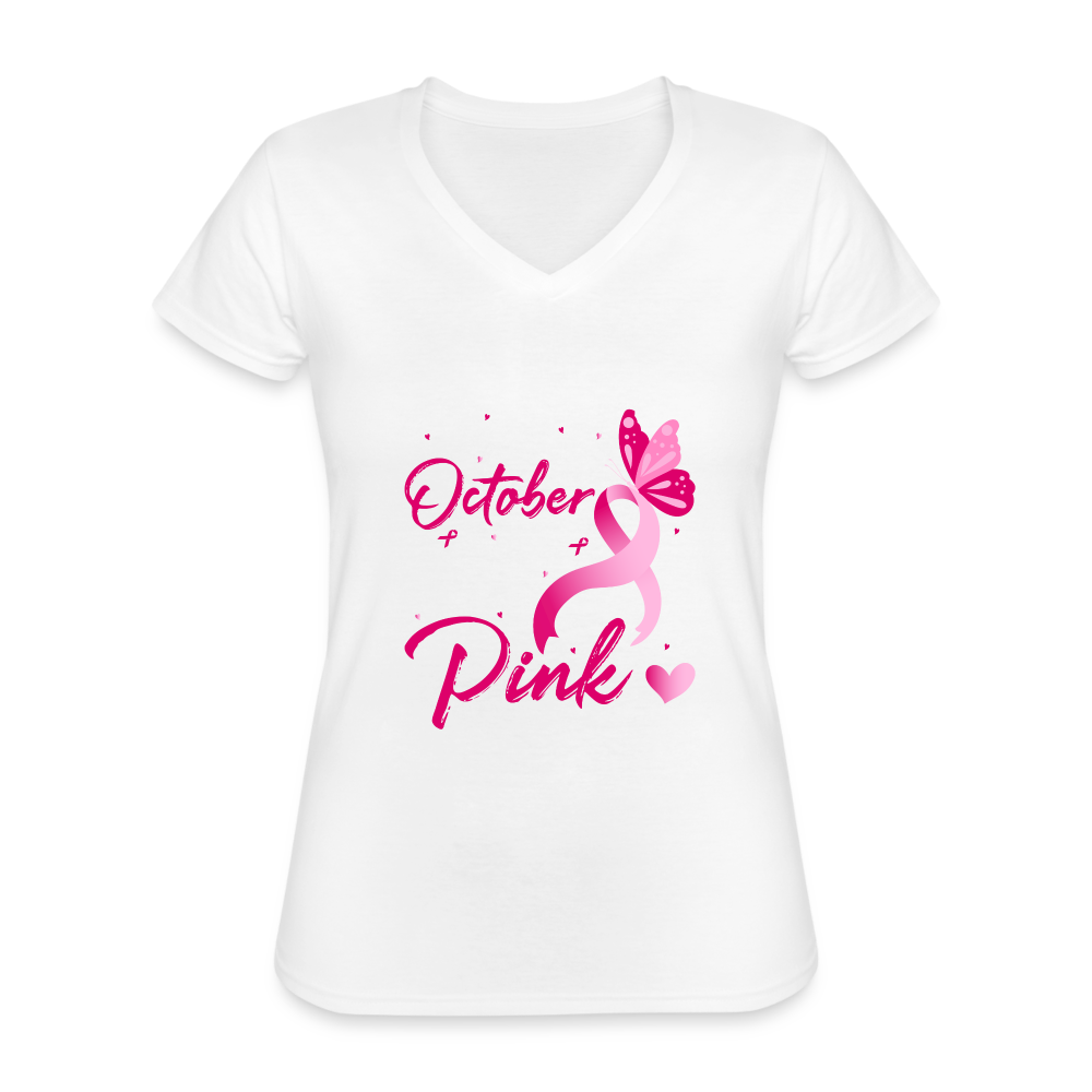 T-shirt classique col V Femme "Octobre Rose" - blanc