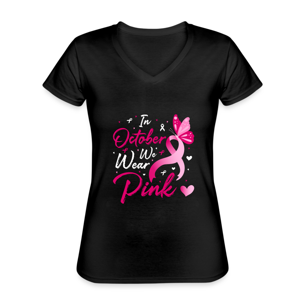 T-shirt classique col V Femme "Octobre Rose" - noir