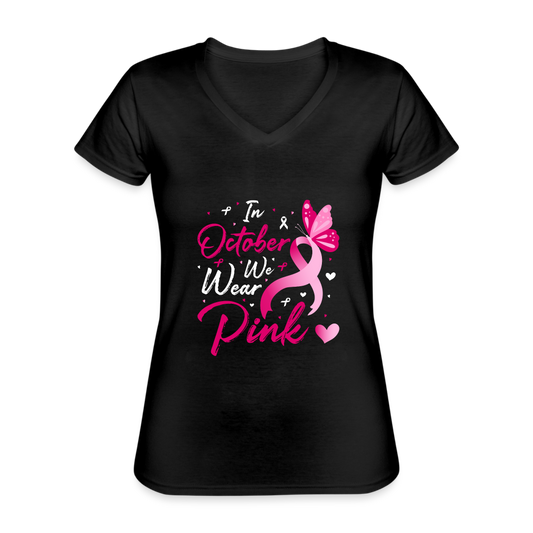 T-shirt classique col V Femme "Octobre Rose" - noir