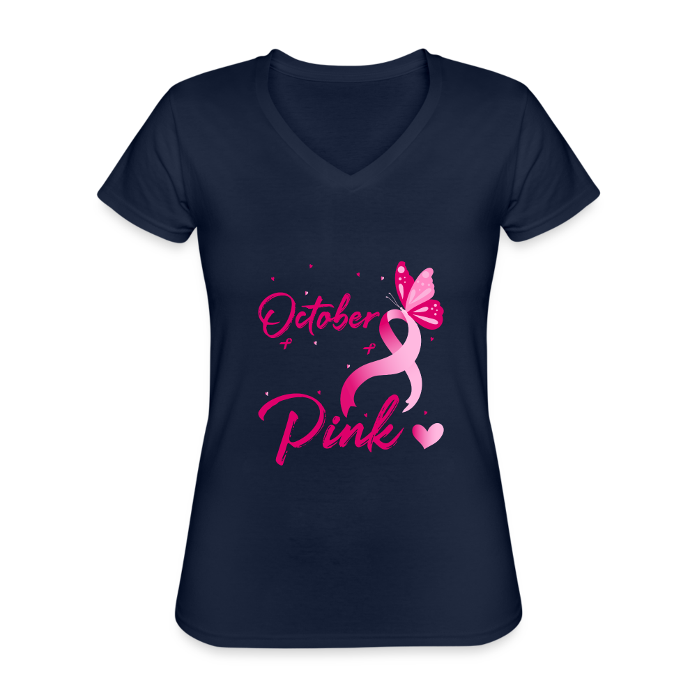 T-shirt classique col V Femme "Octobre Rose" - marine