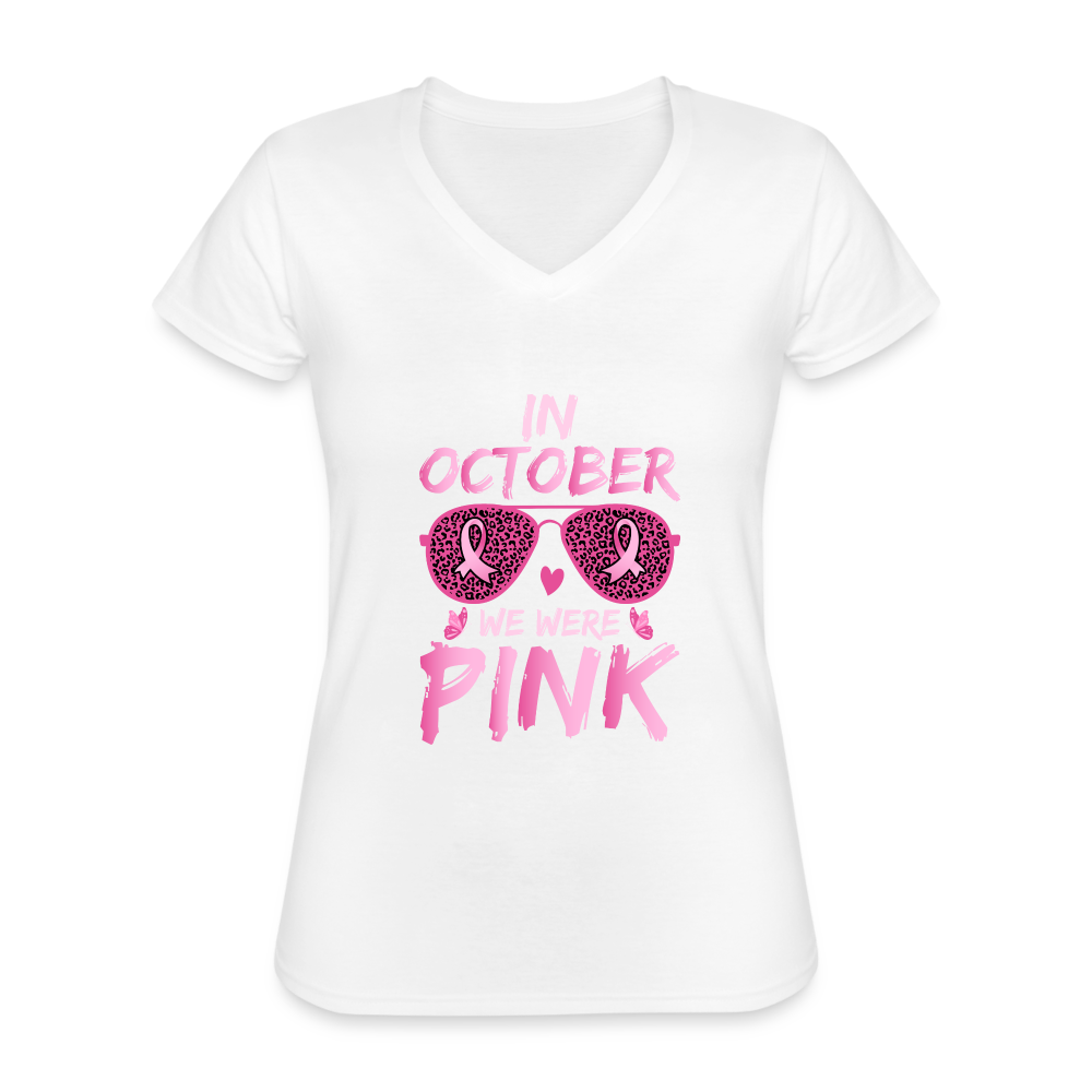 T-shirt classique col V Femme "Octobre Rose" - blanc