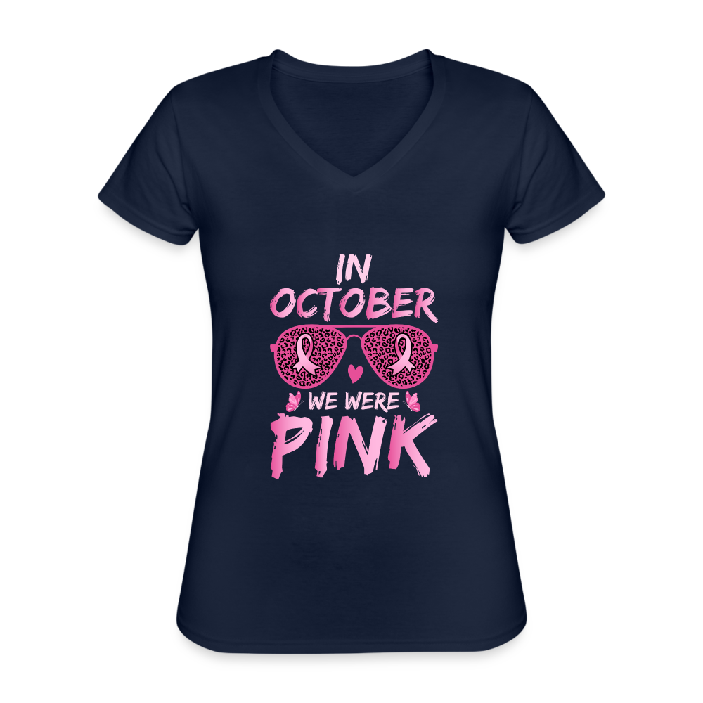 T-shirt classique col V Femme "Octobre Rose" - marine