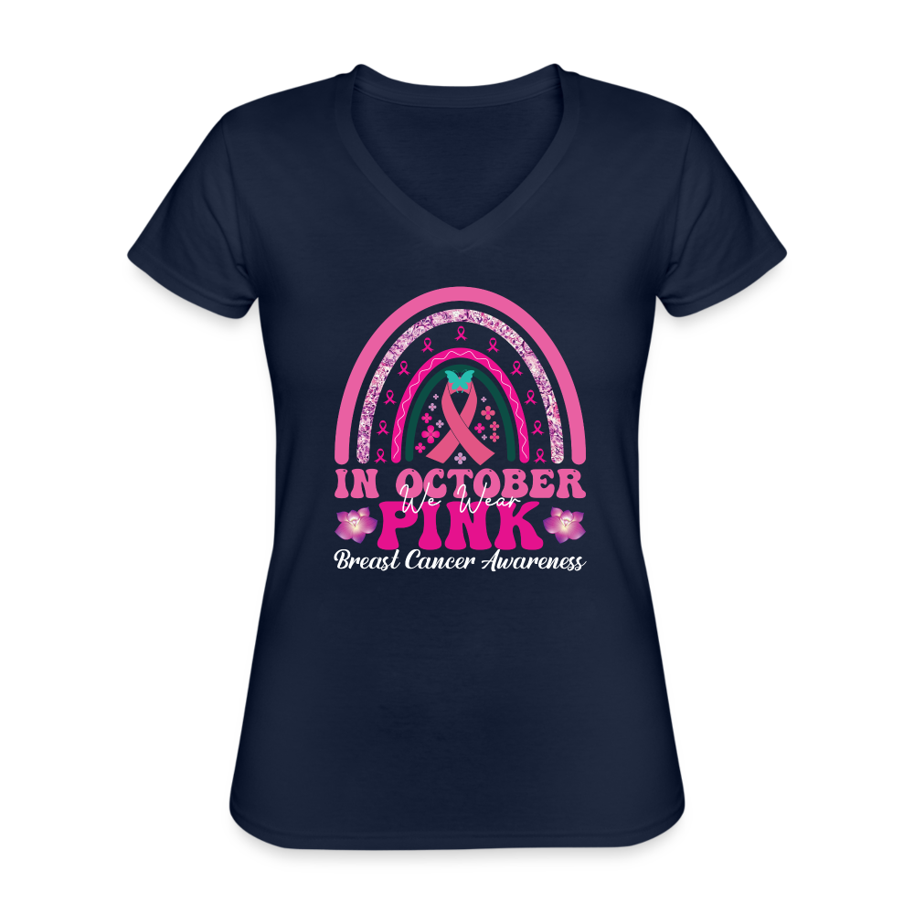 T-shirt classique col V Femme "Octobre Rose" - marine