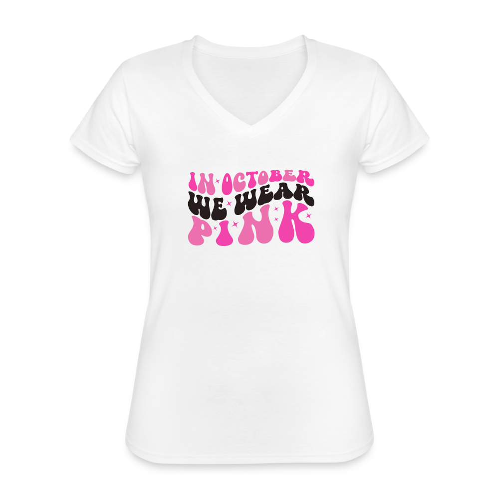 T-shirt classique col V Femme "Octobre Rose" - blanc