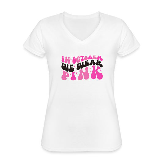 T-shirt classique col V Femme "Octobre Rose" - blanc