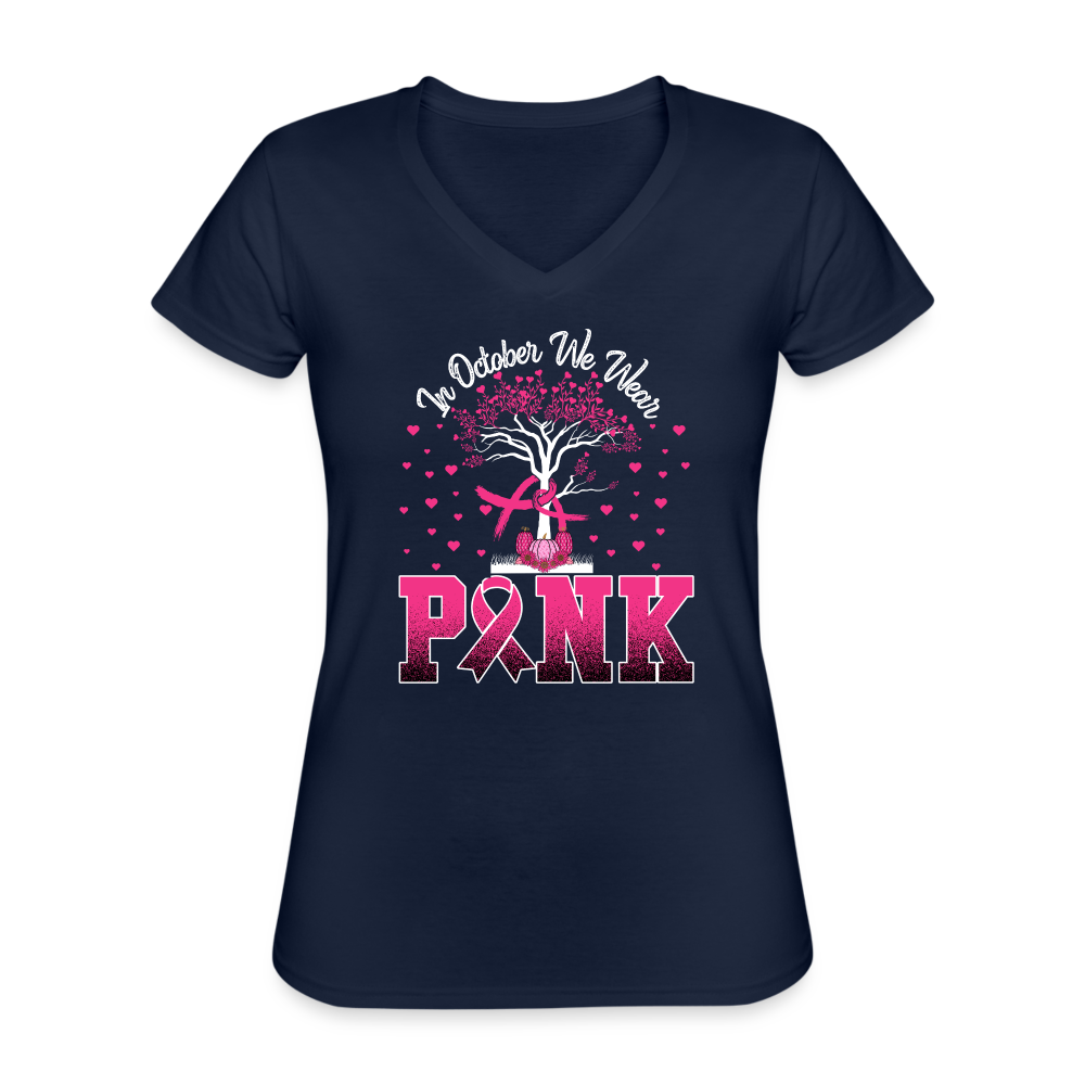 T-shirt classique col V Femme "Octobre Rose" - marine