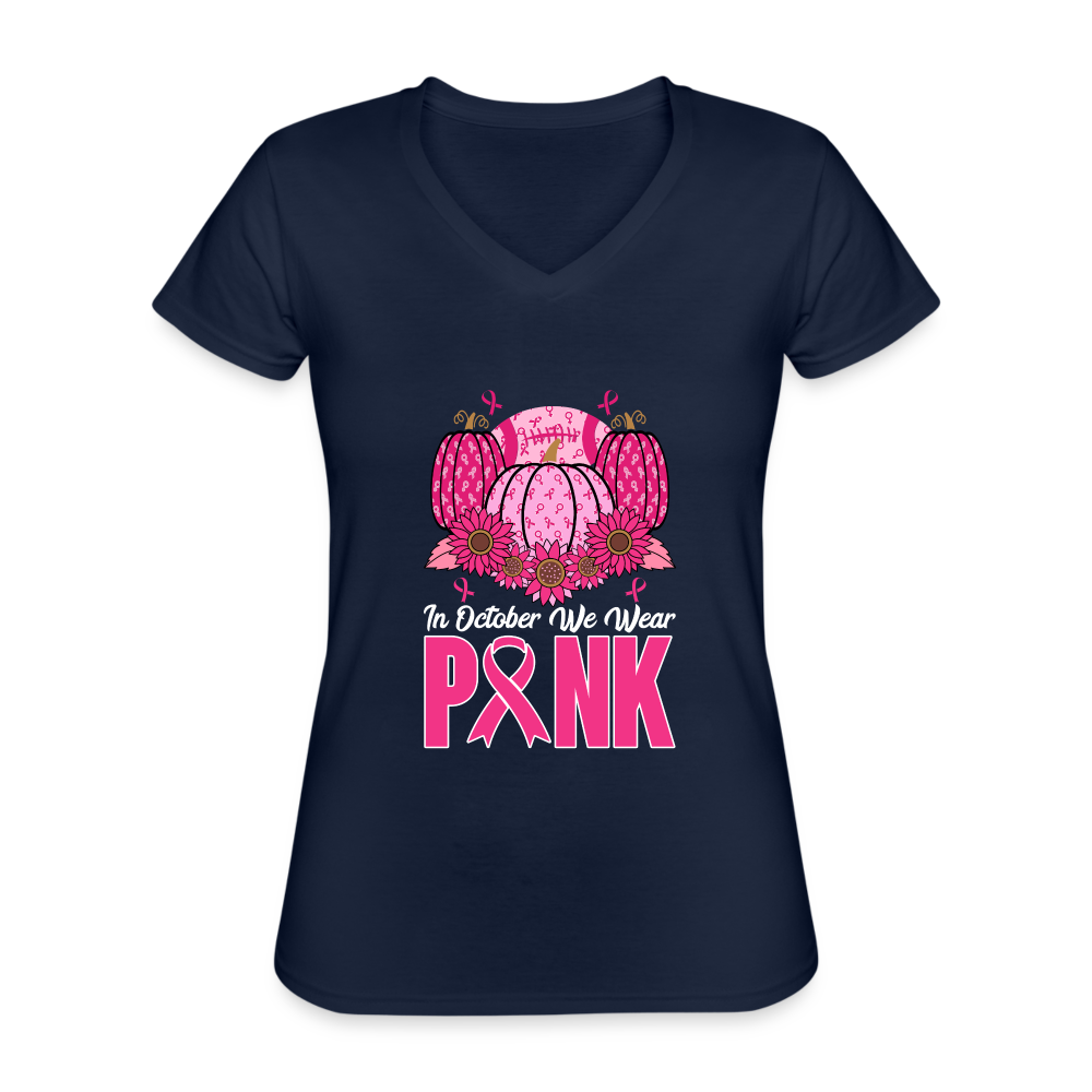 T-shirt classique col V Femme "Octobre Rose" - marine