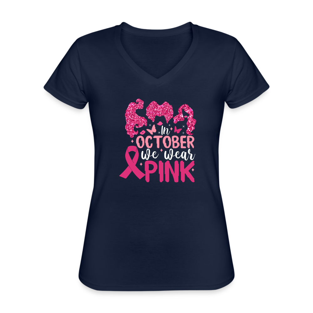 T-shirt classique col V Femme "Octobre Rose" - marine