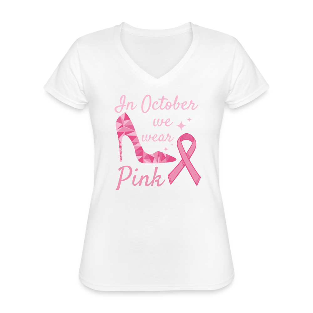 T-shirt classique col V Femme "Octobre Rose" - blanc