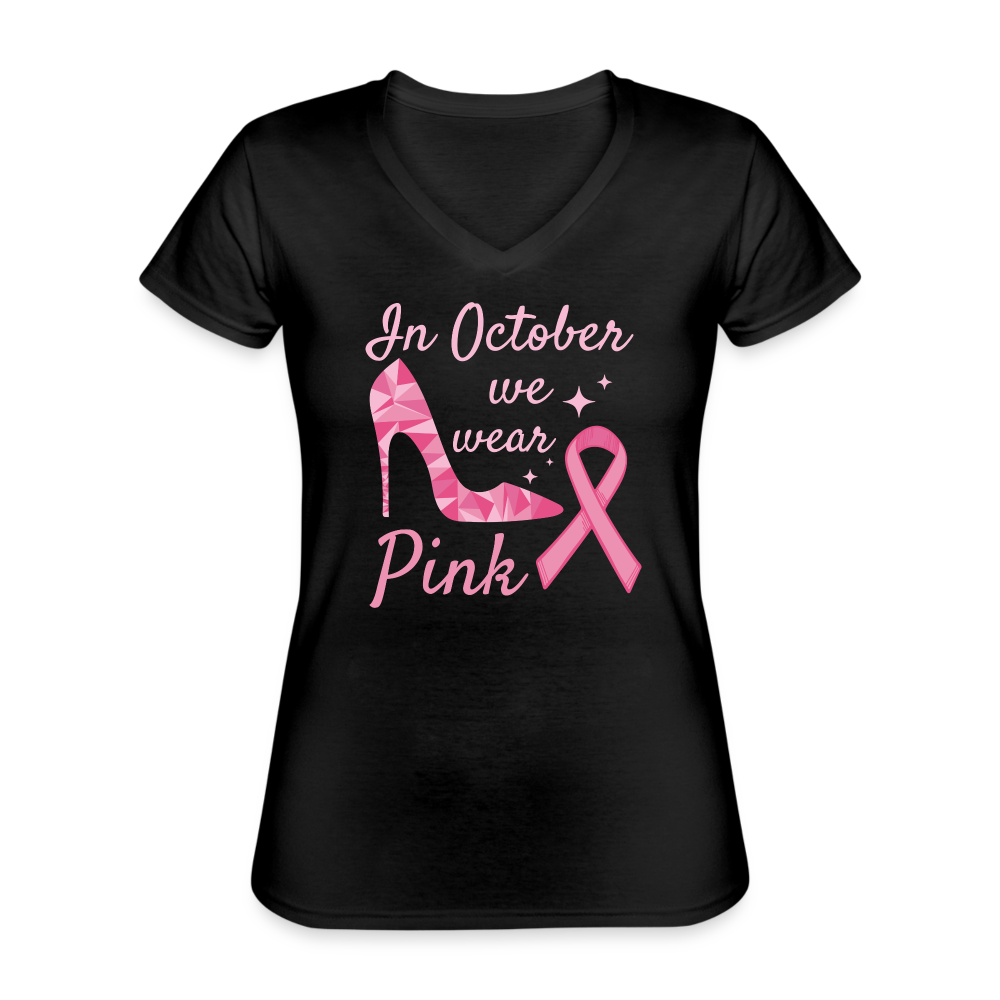 T-shirt classique col V Femme "Octobre Rose" - noir