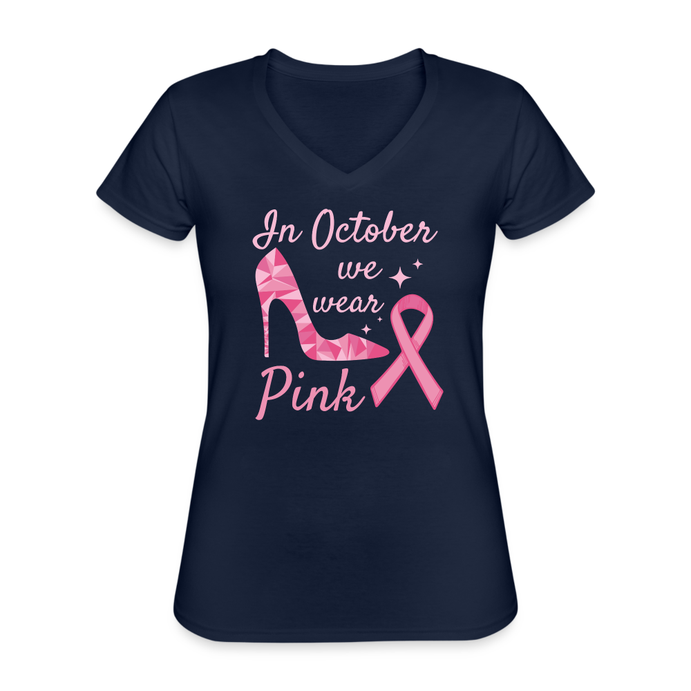 T-shirt classique col V Femme "Octobre Rose" - marine